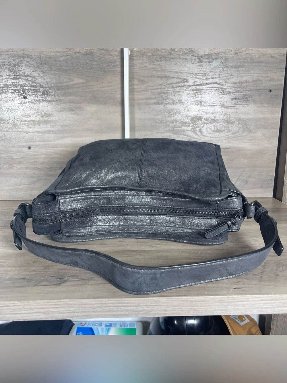 Frye Mel Metallic Leather Charcoal Gray Black Boho Bag Shoulder Purse Chic